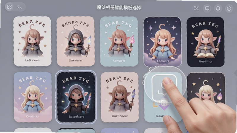 魔法相册智能模板选择界面,多种风格模板缩略图排列,用户手指点击选择,界面简洁现代,色彩柔和,Boogu模型生成