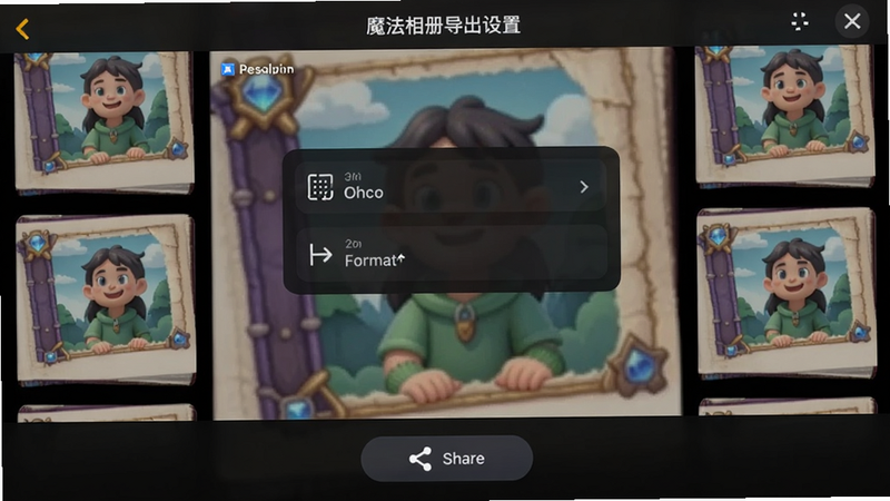 魔法相册导出设置界面,选择分辨率和格式,底部有分享按钮图标,背景是完成后的相册缩略图,界面采用深色模式,Boogu模型生成