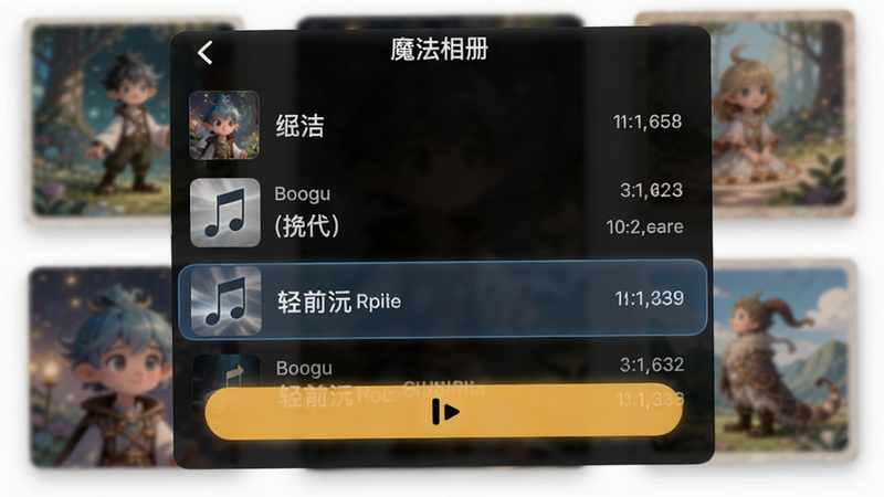 魔法相册音乐选择界面,列表显示歌曲名称和时长,当前选中一首轻音乐,播放按钮高亮,背景为模糊的相册封面,Boogu模型生成
