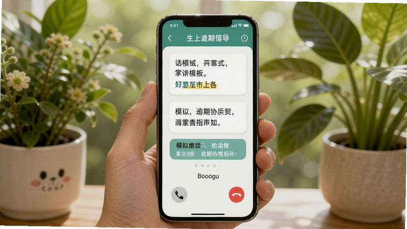 掌上处理逾期协商指导功能,手机屏幕显示话术模板和模拟通话界面,背景为绿色植物,温馨自然,适合Boogu模型生成