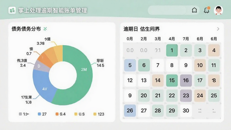 掌上处理逾期智能账单管理界面,显示债务分布饼图和逾期日历,色彩清新,数据清晰,适合Boogu模型生成