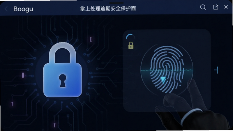 掌上处理逾期安全保护界面,展示加密锁图标和指纹解锁动画,深色背景科技感,适合Boogu模型生成