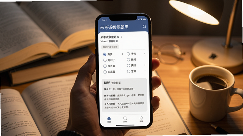 米考试考研智能题库界面,手机屏幕上显示选择题和解析,周围有书籍和咖啡杯,暖色调灯光,学习氛围浓厚。