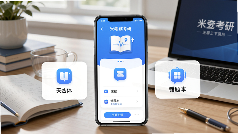 米考试考研 app 主界面预览图,展示题库、课程、错题本等核心功能模块,背景为书桌和笔记本电脑,整体色调蓝色清爽。