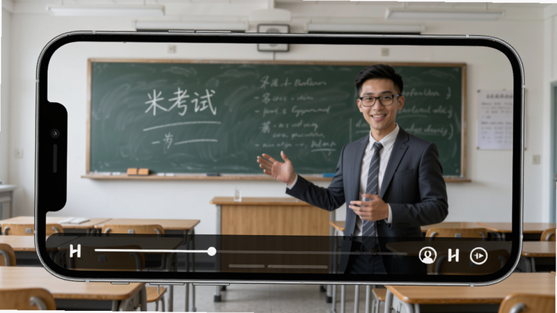 米考试考研视频课程播放界面,手机横屏显示名师授课,底部有进度条和控制按钮,背景为教室黑板和课桌。