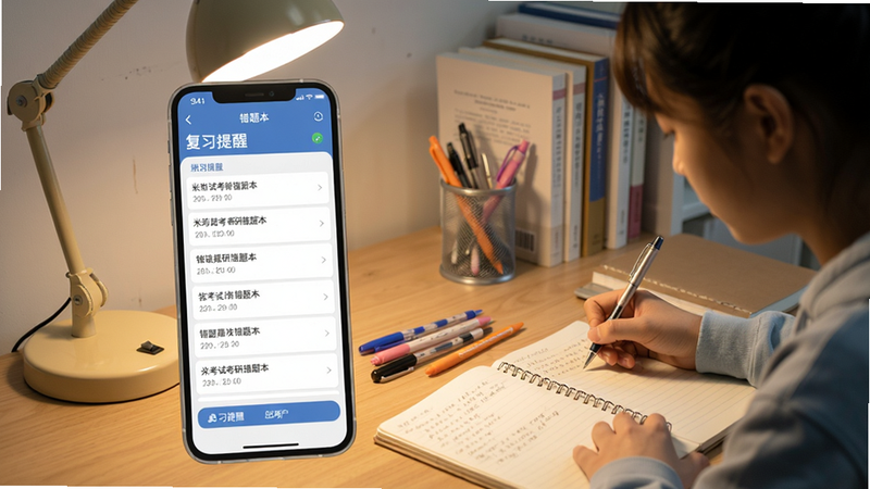 米考试考研错题本功能,手机屏幕上显示错题列表和复习提醒,旁边有一个学生正在做笔记,桌面有台灯和文具。