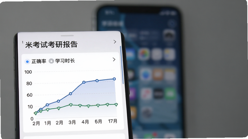 米考试考研学习报告界面,图表显示正确率曲线和学习时长,手机背景模糊,突出数据展示,整体风格简洁现代。