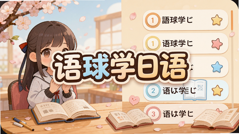 语球学日语主界面展示,左侧是卡通动漫风格的学习场景,右侧是清晰的课程列表,背景有樱花和书本元素,画面中心是App名称“语球学日语”的艺术字,整体色调温暖明亮,适配Boogu模型生成