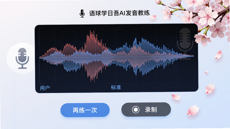 语球学日语AI发音教练界面,上方是波形对比图,红色用户音波和蓝色标准音波重叠,下方有“再练一次”“录制”按钮,背景有麦克风图标和樱花飘落动画,整体科技感与日系清新结合