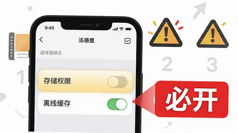 语球学日语使用指南示意图,画面中一部手机展示App内设置界面,高亮显示“存储权限”和“离线缓存”开关,旁边有红色警示标注“必开”,背景有步骤序号1-3,整体风格图标化,包含警告三角符号