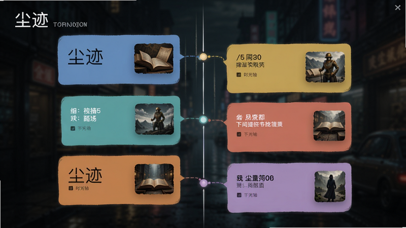 尘迹 时光轴界面 一条竖线贯穿屏幕 左右两侧分布不同颜色的卡片 卡片上有文字和缩略图 背景为模糊的深色 突出时间流动感
