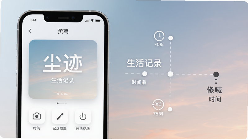 尘迹 生活记录应用主界面 左侧手机模型 右侧背景是柔和的渐变天空 整体风格清新简约 突出记录与时间轴概念