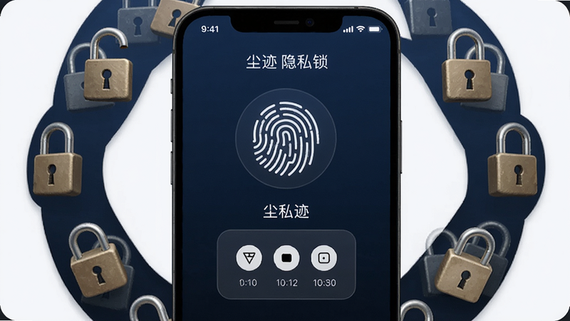 尘迹 隐私锁界面 手机屏幕显示指纹图标和密码输入框 周围环绕锁形图案 背景为深蓝色 强调安全与私密