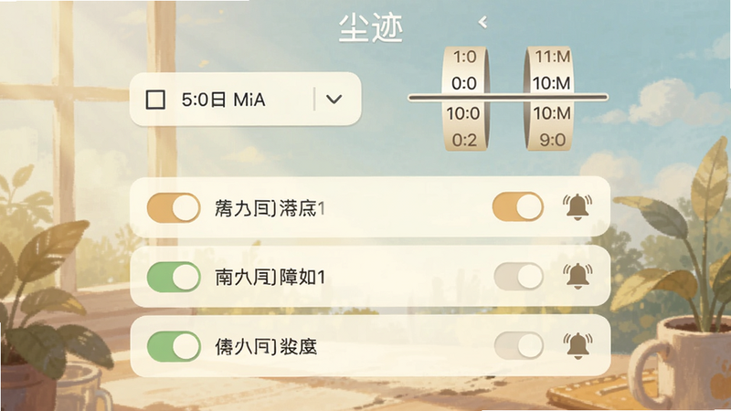 尘迹 提醒设置界面 顶部有日期选择器和时间滚轮 中间列出了几条待办事项 每个都有开关和铃声图标 整体配色温暖明亮