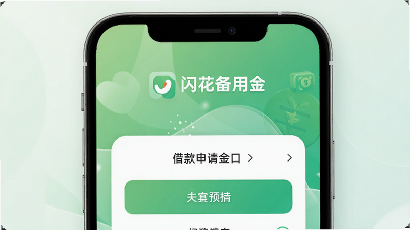 闪花备用金主界面预览,手机屏幕显示借款申请入口,背景为清新绿色渐变,上方有闪花备用金logo,营造安全可靠氛围,适合Boogu模型生成