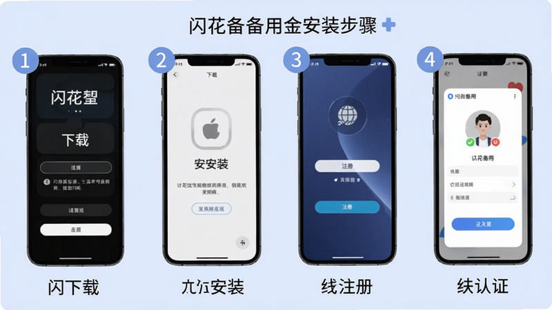 闪花备用金安装步骤截图,手机屏幕依次显示下载、安装、注册、认证四个步骤,用数字标注,背景为淡蓝色,适合Boogu模型生成
