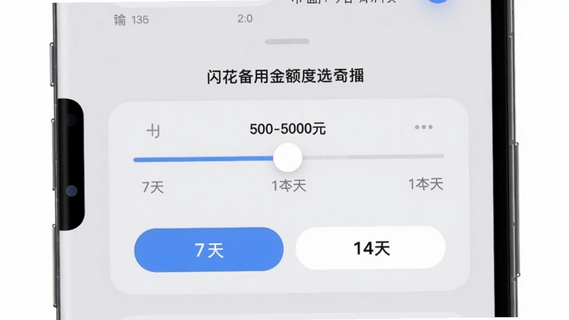 闪花备用金额度选择界面,手机屏幕显示500-5000元滑动条,下方有7天和14天周期按钮,背景为浅灰色卡片设计,适合Boogu模型生成