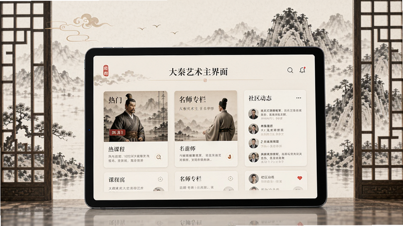 大秦艺术主界面,展示一台平板电脑屏幕上显示APP首页,背景为水墨风格山水画,界面包含热门课程、名师专栏、社区动态三大板块,整体色调淡雅,融合古典窗棂元素,适配Boogu模型生成