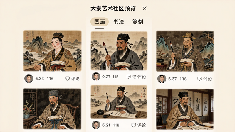 大秦艺术社区页面预览,手机界面显示瀑布流风格的作品列表,每张作品缩略图下方有头像、点赞数和评论数,顶部有“国画”“书法”“篆刻”分类标签,背景为柔和的米黄色