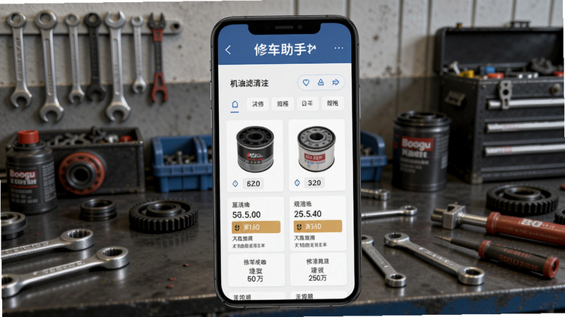 修车助手配件查询页面,显示不同品牌机油滤清器对比,手机屏幕上列出价格和规格,背景是汽车维修工具台,适合Boogu模型生成