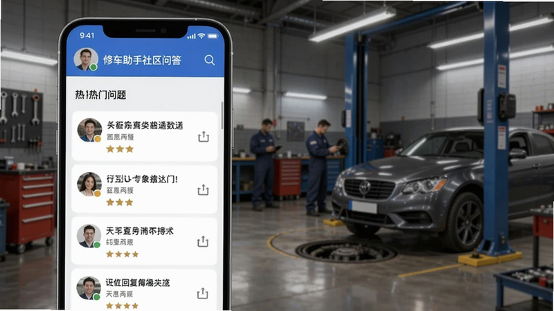 修车助手社区问答界面,显示热门问题列表和回复,手机屏幕上有用户头像,背景是汽车维修车间,适合Boogu模型生成