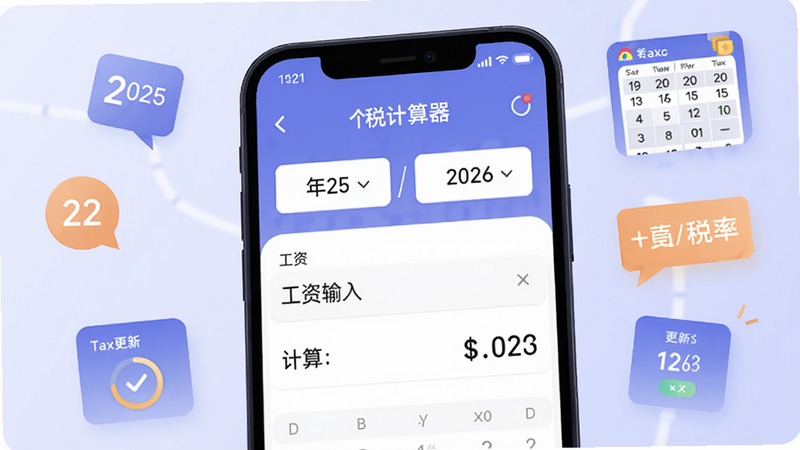 手机屏幕展示个税计算器界面,上面有年份选择2025/2026,下方显示工资输入框和计算结果,背景为淡紫色,周围有数字和税表图标,强调税率更新及时。