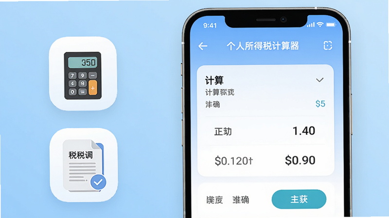 画面中央是一个简洁的手机屏幕,屏幕内显示个人所得税计算器的主界面,背景为浅蓝色渐变,手机左侧有计算器和税单图标,整体风格清新明亮,突出计算准确与便捷。