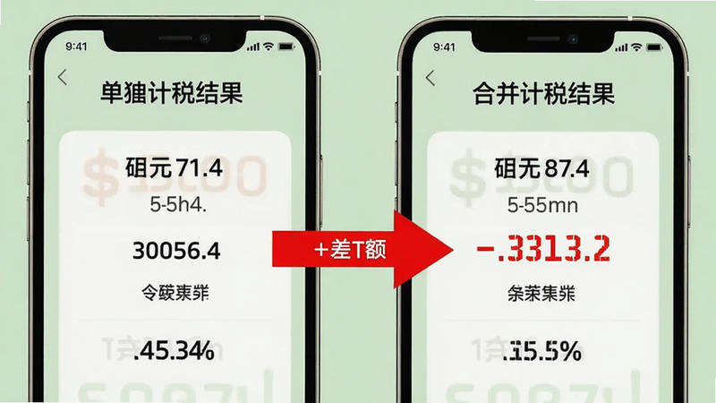 手机屏幕分左右两栏,左边显示单独计税结果,右边显示合并计税结果,中间用红色箭头标出差额,背景为浅绿色,整体简洁直观。