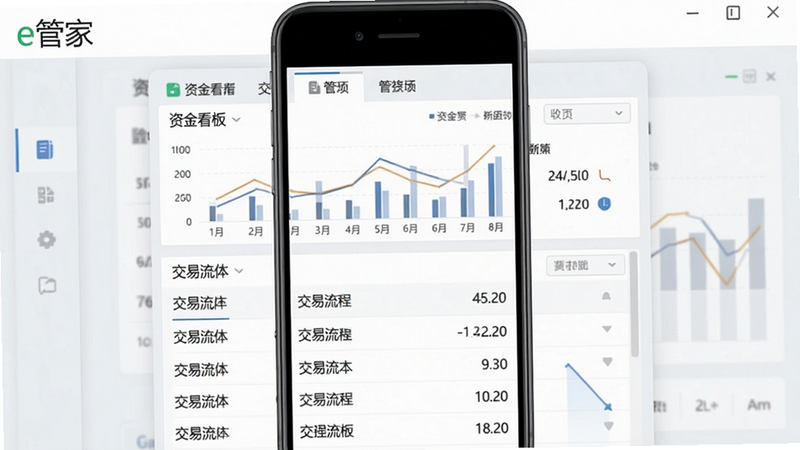 生成一张e管家软件主界面截图,画面中央显示资金看板与交易流水列表,背景为浅灰色商务风格,软件名称“e管家”置于屏幕顶部,整体设计简约清晰,适配手机竖屏展示