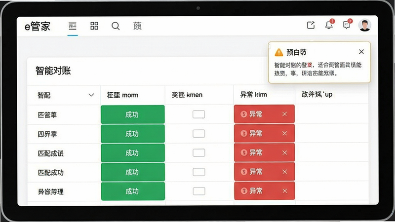 生成一张智能对账界面截图,表格中绿色表示匹配成功、红色表示异常,右上角有预警弹窗,背景为极简白色卡片风格,软件名称“e管家”出现在页面顶部导航栏