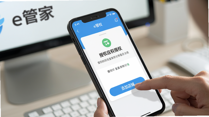 生成一张手机操作e管家的实拍图,用户手指正在点击“添加店铺”按钮,屏幕显示授权页面,背景为办公室桌面,软件名称“e管家”模糊可见