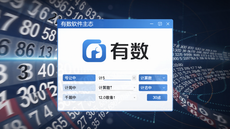 有数软件主界面截图,展示号码计算与过滤功能,背景为彩票数字滚动效果,画面中央显示有数logo和计算面板,色调以蓝色和白色为主,简洁科技感