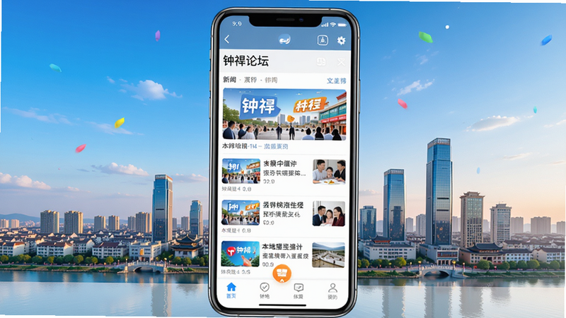 钟祥论坛 app 主界面截图,展示首页新闻列表和底部导航栏,背景为钟祥城市天际线,画面中心是一部手机屏幕,比例16:9,色彩明亮,突出本地社区氛围