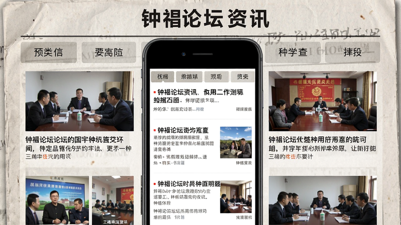 钟祥论坛资讯页面预览图,显示多条新闻标题和缩略图,顶部有分类标签,背景为报纸纹理,手机屏幕居中,强调信息丰富及时