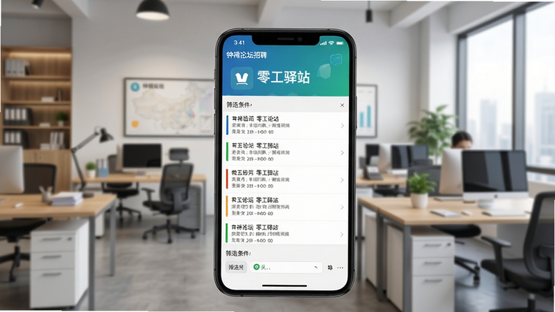 钟祥论坛招聘界面示意图,展示职位列表和筛选条件,背景为办公场景,手机屏幕突出显示“零工驿站”入口