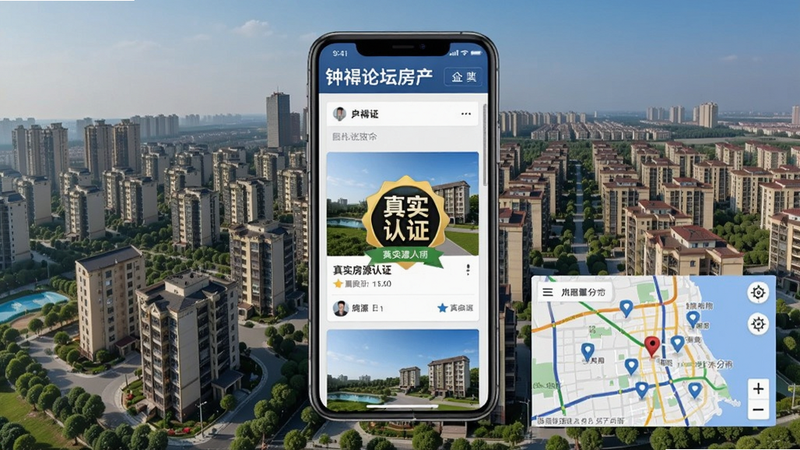 钟祥论坛房产页面效果图,显示房源卡片和地图分布,背景为城市住宅区,手机屏幕居中,突出真实房源认证标识