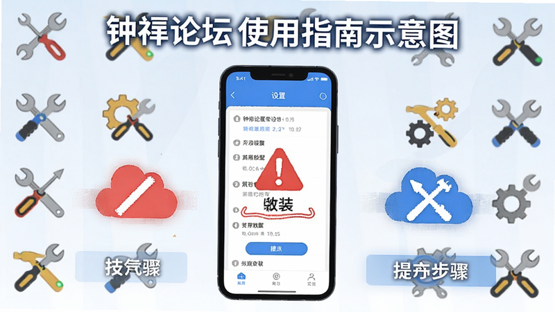 钟祥论坛使用指南示意图,展示手机设置界面和安装步骤,背景为工具图标,画面简洁明了,突出红色警告和蓝色提示