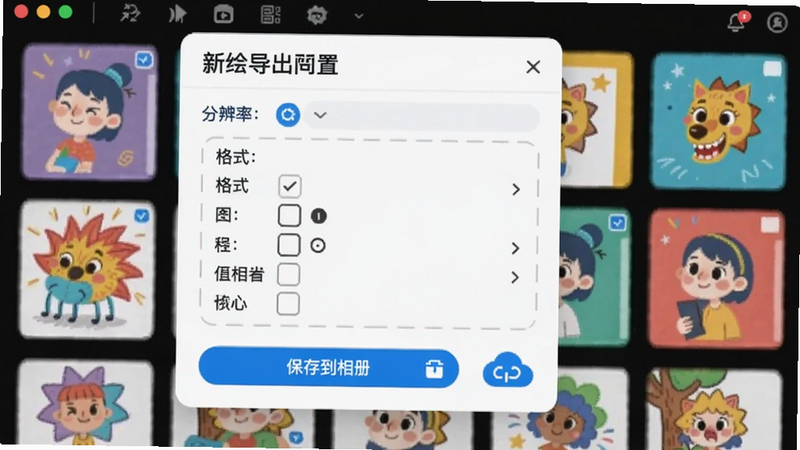 新绘Whiteboard导出设置界面,显示分辨率选项、格式列表以及“保存到相册”按钮,旁边有云端同步图标,背景有作品缩略图