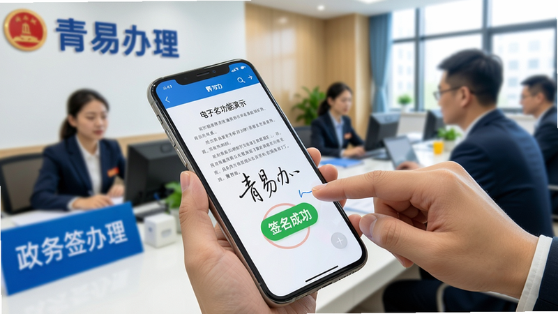 青易办电子签名功能演示,用户用手指在手机屏幕上书写签名,背景是政务办理场景,文件上显示签名成功,画面清晰,颜色明亮