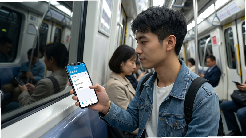 青易办移动办公场景,用户在地铁上使用手机打开青易办APP,画面显示审批界面,背景是地铁车厢,人物穿戴休闲,突出便捷性