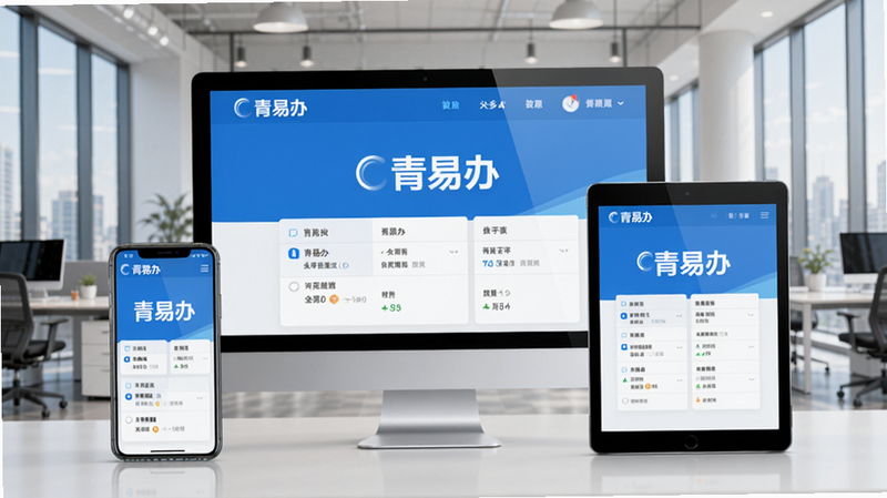 青易办多平台兼容展示,手机、电脑、平板三个设备屏幕上同时显示青易办界面,背景为现代办公环境,画面和谐统一