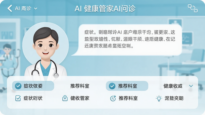 AI�����ܼ�AI������棬����ҽ��ͷ�����û��Ի����·��г�֢״ѡ����Ƽ����ң�����Ϊǳ��ɫҽ�Ʒ��