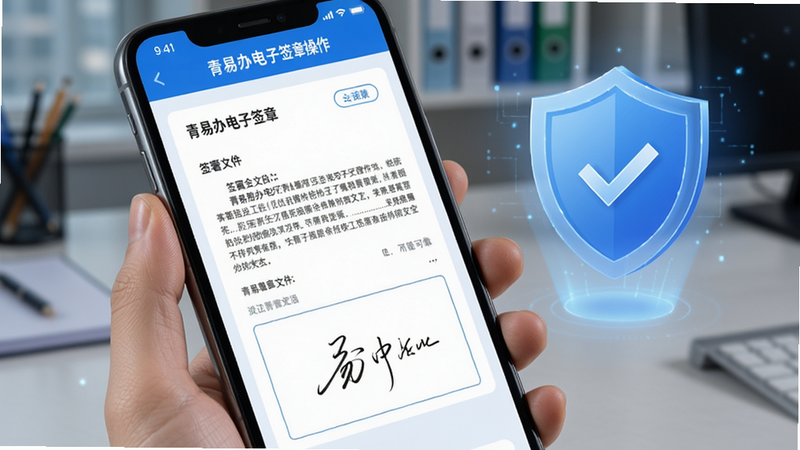 青易办电子签章操作界面,手机屏幕上显示签署文件,手写签名区域清晰,背景有蓝色安全盾牌图标,突出安全可靠,画质高清。