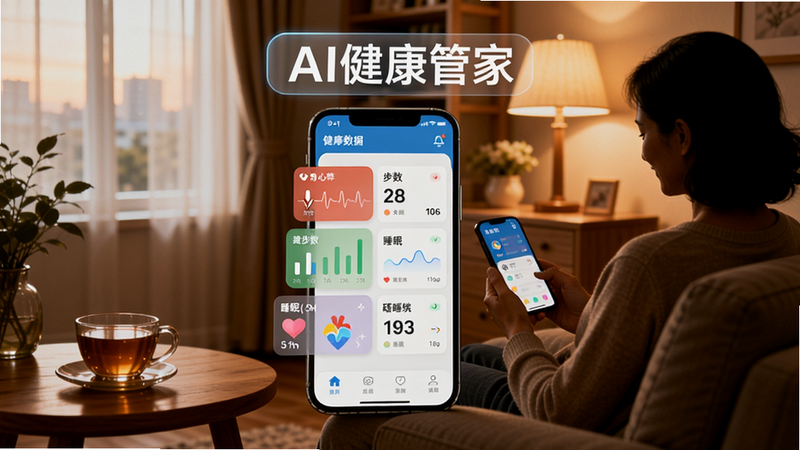 主视觉展示AI健康管家App界面,中央是手机屏幕显示健康数据看板,包含心率、步数、睡眠等图表,背景是温馨的居家环境,暖色调灯光,木桌上一杯茶,整体风格温馨科技,人物剪影坐在沙发上查看手机,突出家庭健康场景,软件名称“AI健康管家”浮现在屏幕上方。