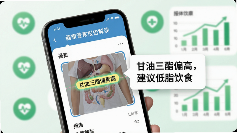 AI健康管家报告解读页面,手机屏幕展示一张体检报告单被扫描后高亮显示异常项,旁边弹出文字解读:“甘油三酯偏高,建议低脂饮食”,背景有绿色健康图标和图表,风格清爽简洁。