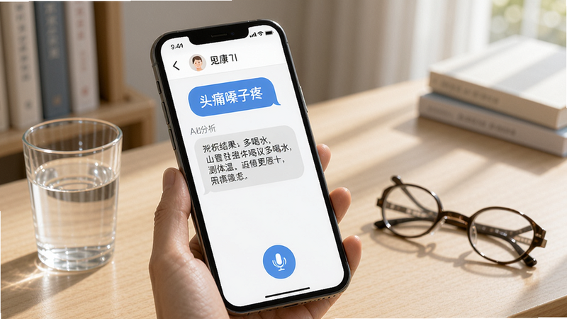 AI健康管家智能问诊界面,手机屏幕上显示对话气泡,用户输入“头痛嗓子疼”,AI回复分析结果并建议多喝水、测体温,界面下方有语音按钮,背景是书房书桌,桌上放着水杯和眼镜,柔和侧光,画面清晰明亮。