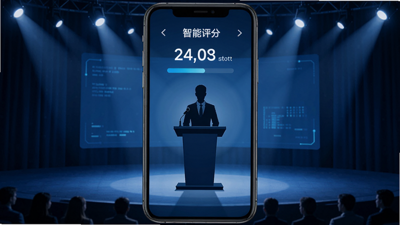 智能演讲教练应用主界面,手机屏幕显示演讲评分界面,背景为虚拟舞台,灯光聚焦,人物剪影站在讲台后,整体科技感蓝色调,画面清晰