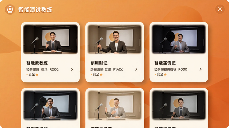 智能演讲教练的场景模板选择页面,以卡片网格展示不同场景,每个卡片有场景名称和简短描述,背景是暖色调,卡片带有微阴影。