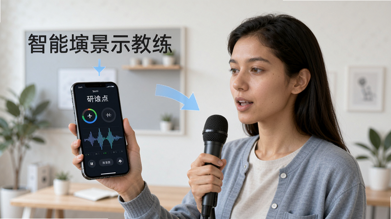 智能演讲教练的使用场景示意图,用户手持手机对着麦克风练习,手机屏幕显示评分和波形,背景简洁,突出操作指引。