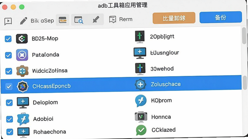 adb工具箱应用管理窗口,列表显示已安装应用图标与包名,勾选多个应用后顶部工具栏显示批量卸载、备份按钮,选中应用高亮,背景为白色。